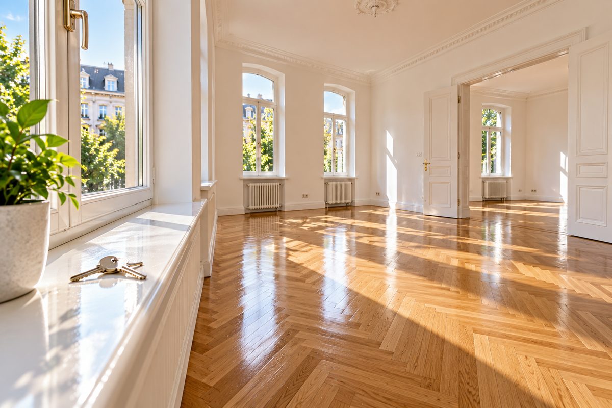 Leere, frisch gereinigte Wohnung mit glänzendem Parkett (KI-generierte Illustration)